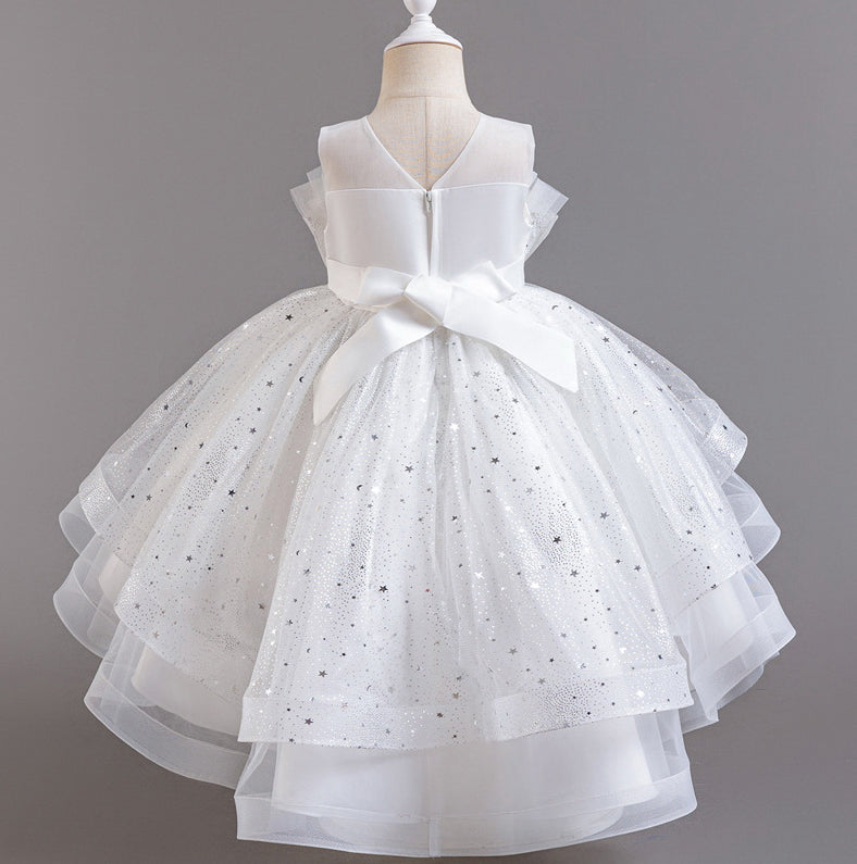 Flower Girl Dress Bow Trailing Wedding Dress Lace Pearl Princess Dress Birthday Costume Party Holiday