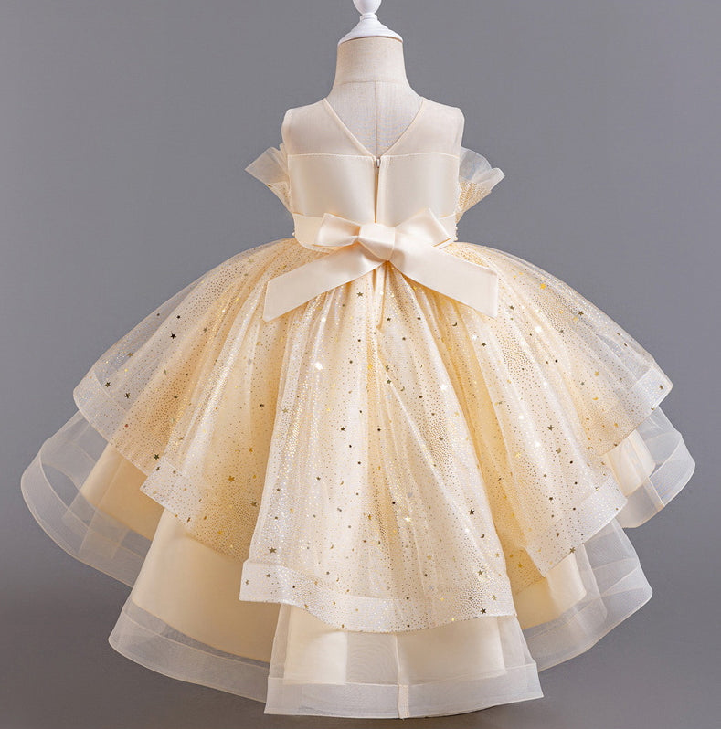 Flower Girl Dress Bow Trailing Wedding Dress Lace Pearl Princess Dress Birthday Costume Party Holiday