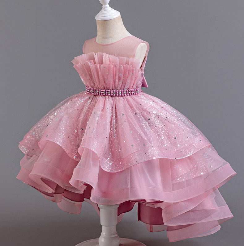 Flower Girl Dress Bow Trailing Wedding Dress Lace Pearl Princess Dress Birthday Costume Party Holiday