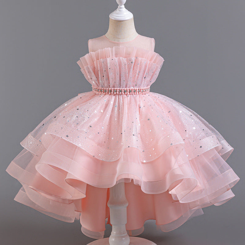 Flower Girl Dress Bow Trailing Wedding Dress Lace Pearl Princess Dress Birthday Costume Party Holiday