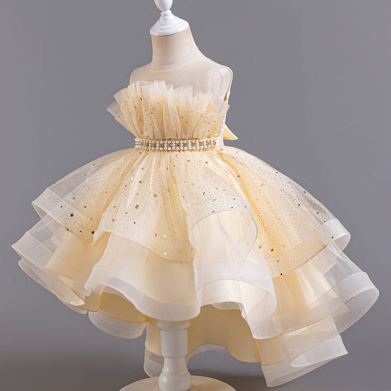 Flower Girl Dress Bow Trailing Wedding Dress Lace Pearl Princess Dress Birthday Costume Party Holiday