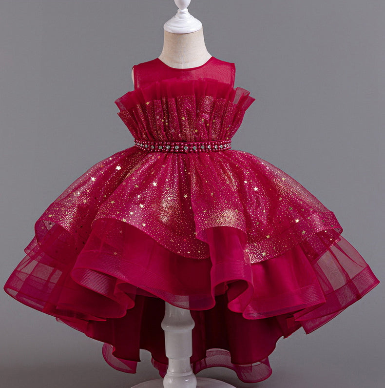 Flower Girl Dress Bow Trailing Wedding Dress Lace Pearl Princess Dress Birthday Costume Party Holiday