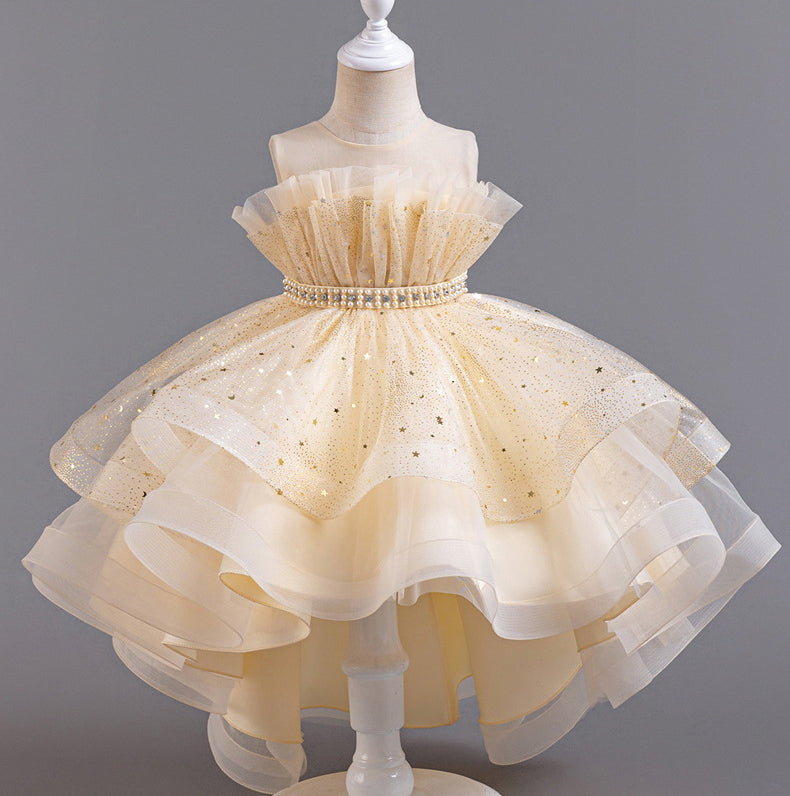 Flower Girl Dress Bow Trailing Wedding Dress Lace Pearl Princess Dress Birthday Costume Party Holiday