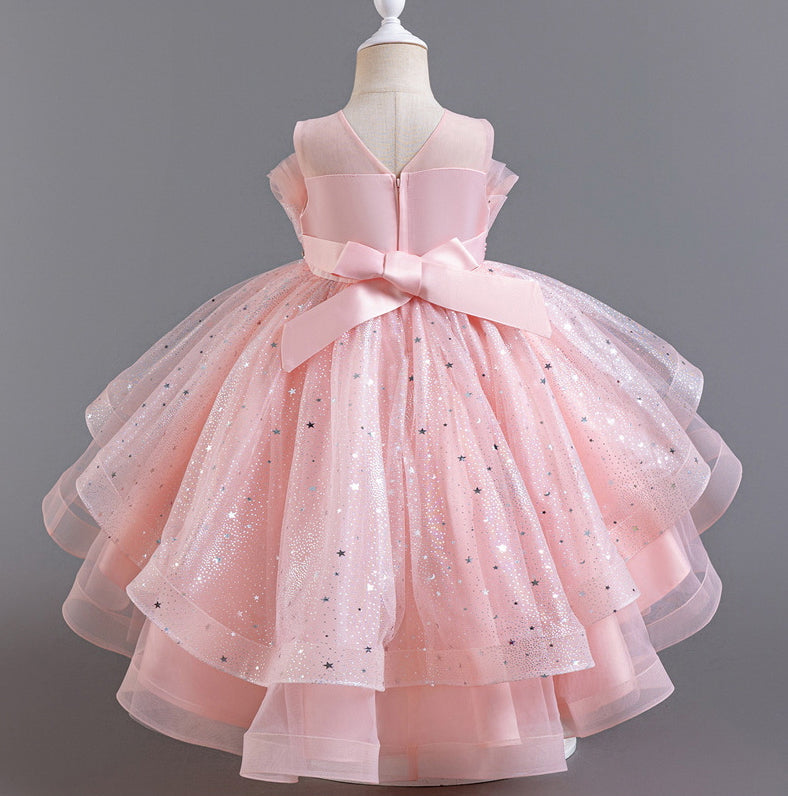 Flower Girl Dress Bow Trailing Wedding Dress Lace Pearl Princess Dress Birthday Costume Party Holiday