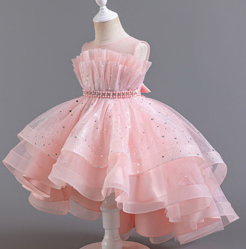 Flower Girl Dress Bow Trailing Wedding Dress Lace Pearl Princess Dress Birthday Costume Party Holiday
