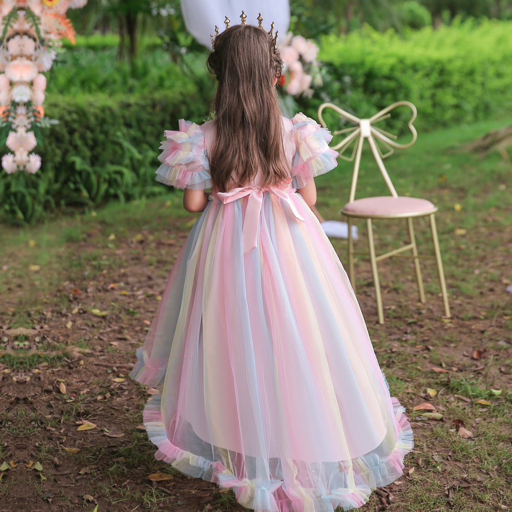 Flower Girl Dress  Birthday Holiday Wedding Dresses Trailing Princess Party Rainbow
