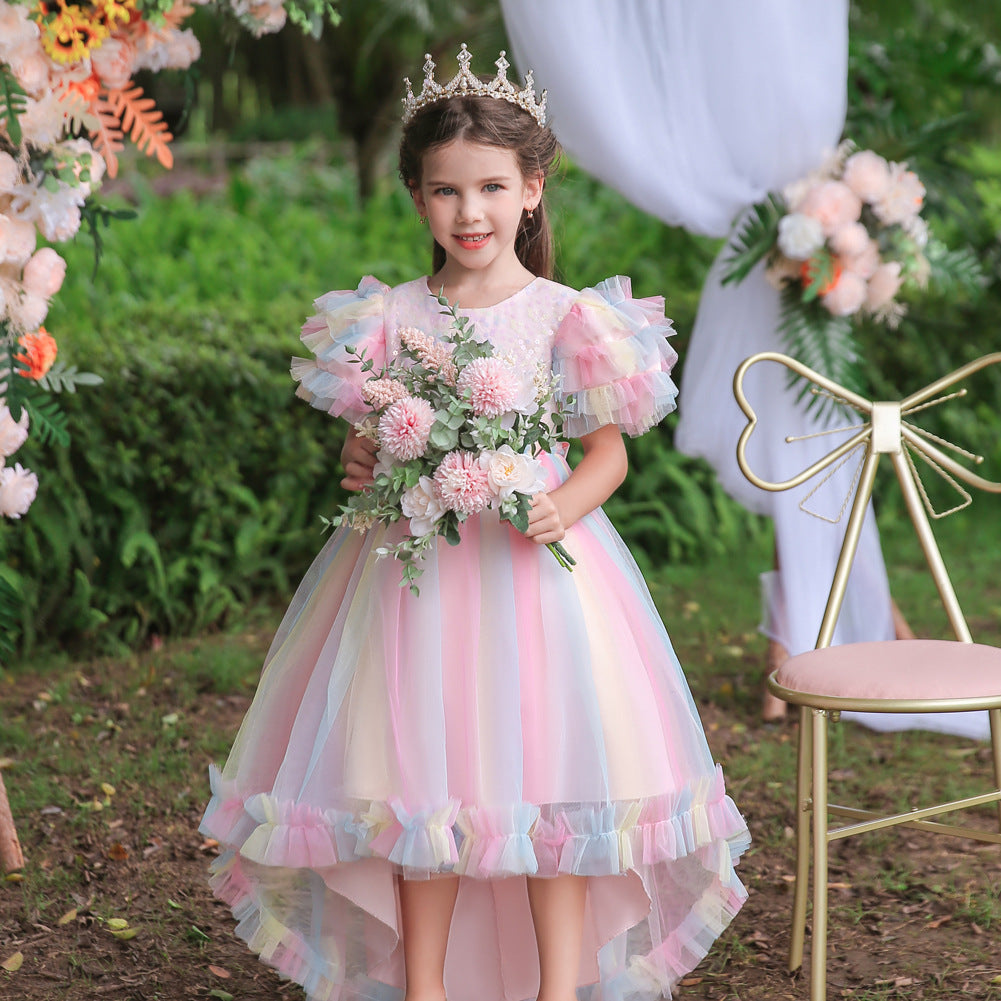 Flower Girl Dress  Birthday Holiday Wedding Dresses Trailing Princess Party Rainbow