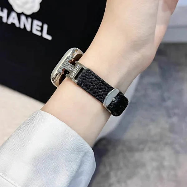Metal diamond-studded H-mark leather strap