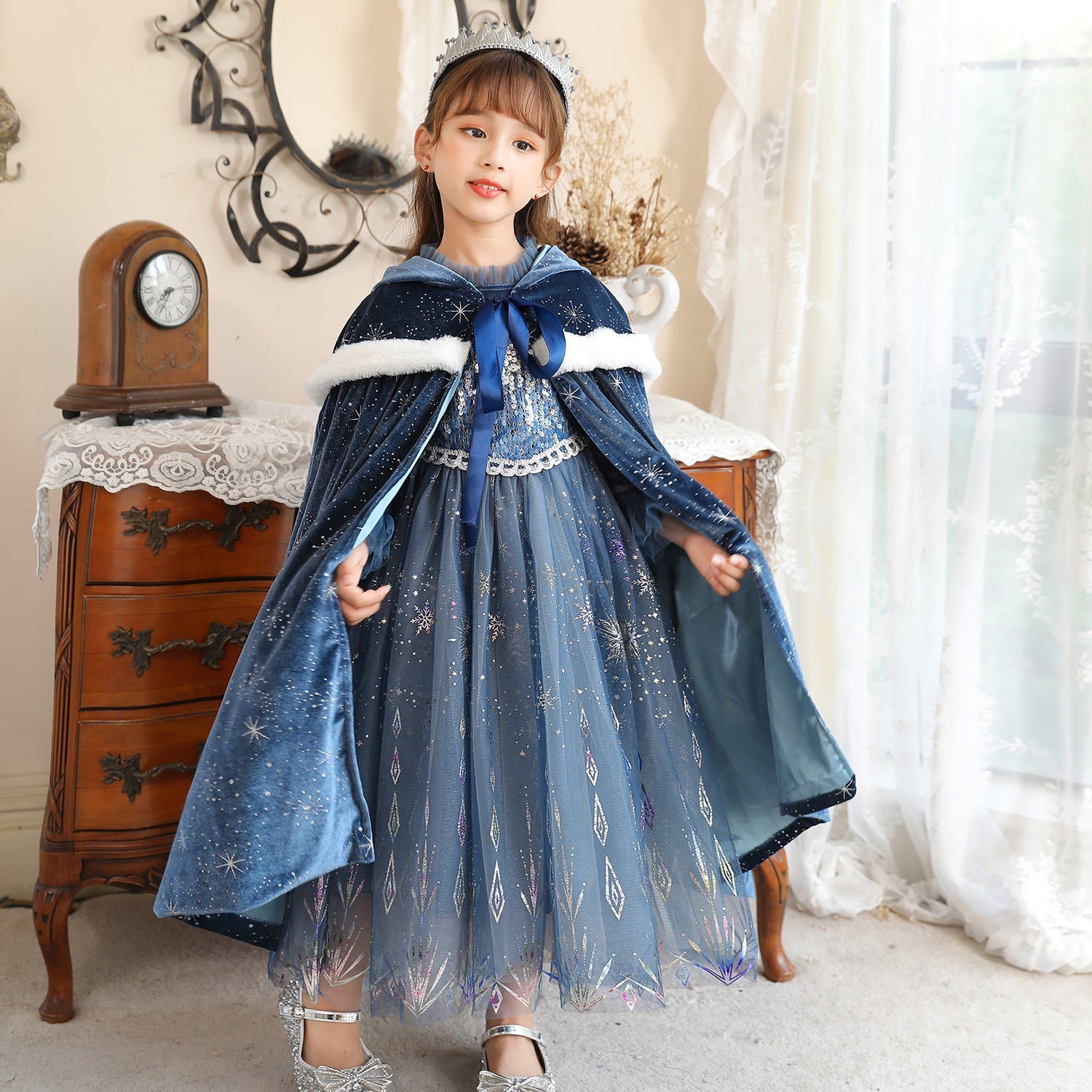 Frozen Fur Princess Hooded Cape Cloak Elsa costume for Girl Dress Up Cosplay Holiday