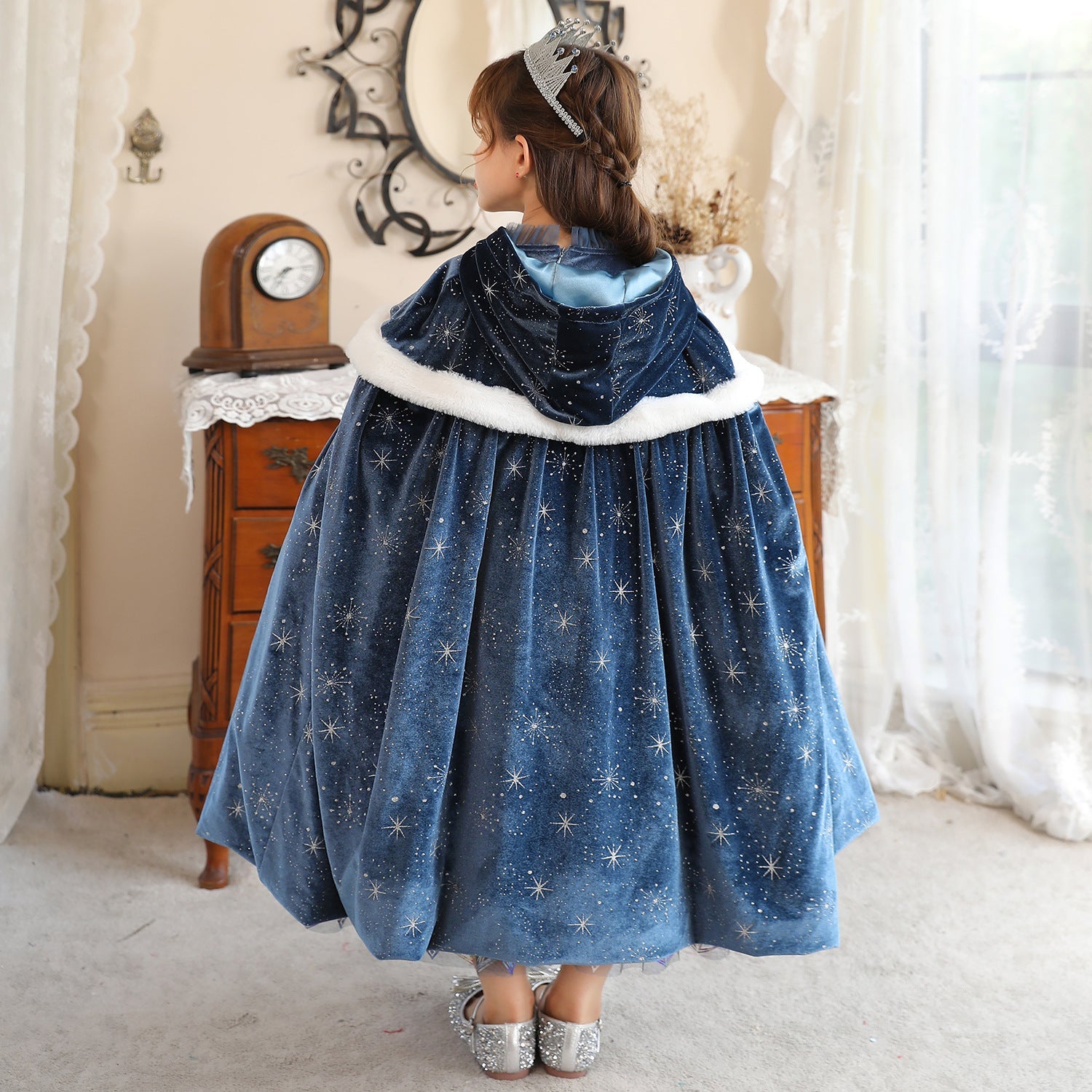 Frozen Fur Princess Hooded Cape Cloak Elsa costume for Girl Dress Up Cosplay Holiday
