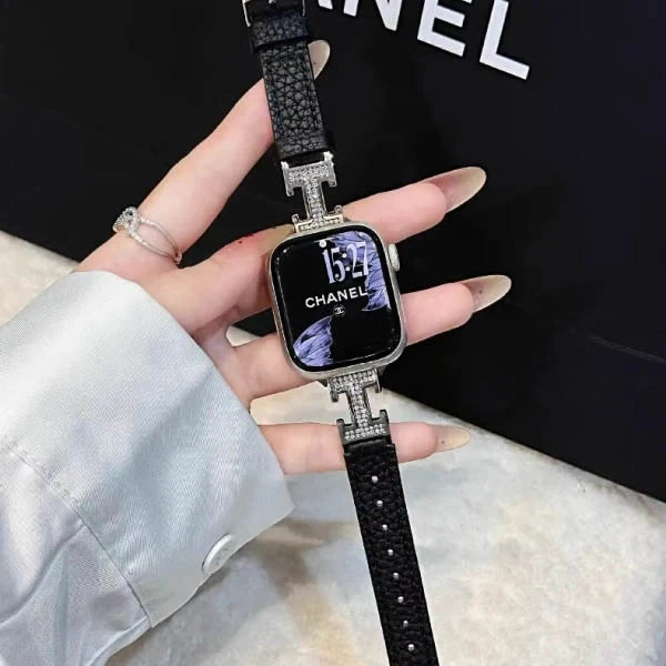 Metal diamond-studded H-mark leather strap