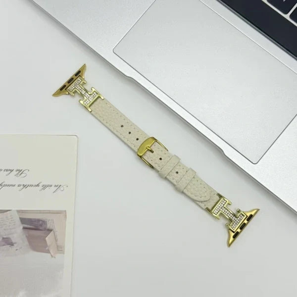 Metal diamond-studded H-mark leather strap