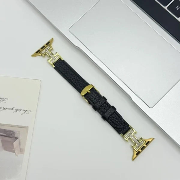 Metal diamond-studded H-mark leather strap