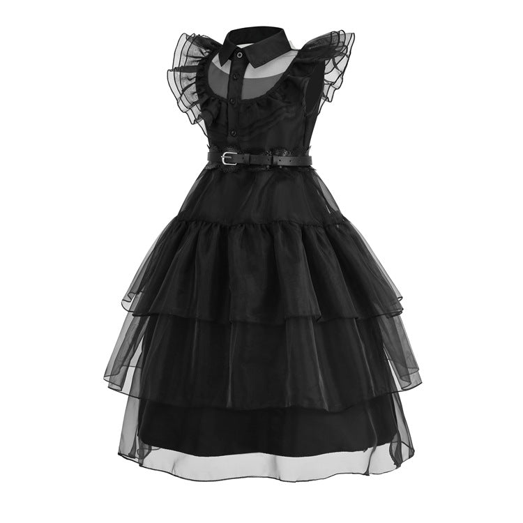Wednesday Addams Kids Wedding Girl Outfit Costume Dress With Belt