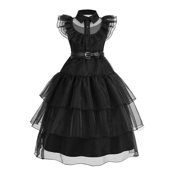 Wednesday Addams Kids Wedding Girl Outfit Costume Dress With Belt