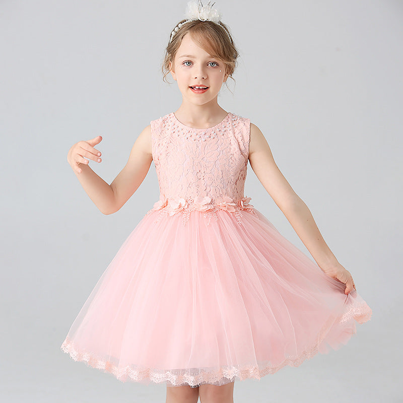 Pearl Wedding Dress Lace Bow Flower Girl Dress Princess Dress Birthday Costume Party Holiday