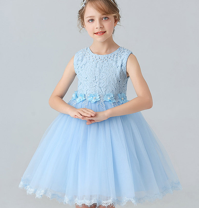 Pearl Wedding Dress Lace Bow Flower Girl Dress Princess Dress Birthday Costume Party Holiday