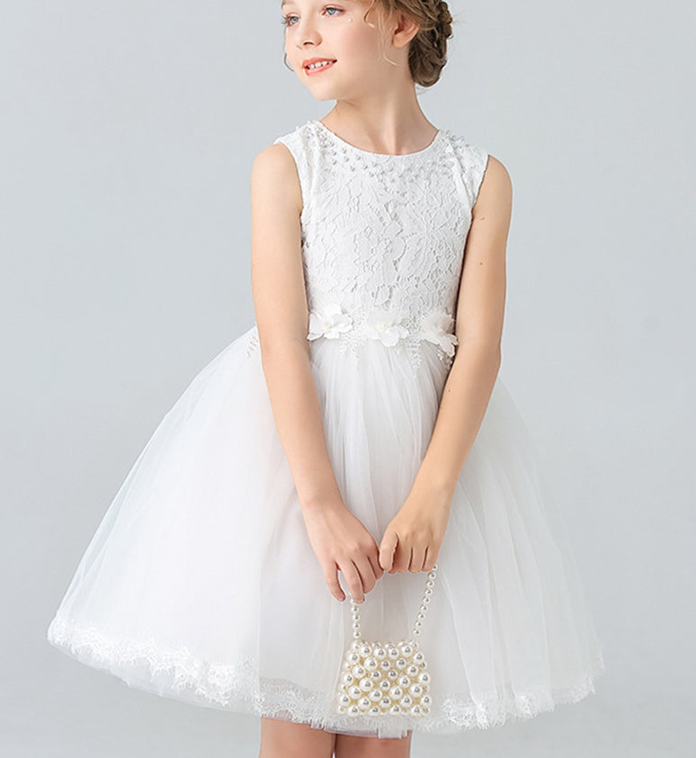 Pearl Wedding Dress Lace Bow Flower Girl Dress Princess Dress Birthday Costume Party Holiday