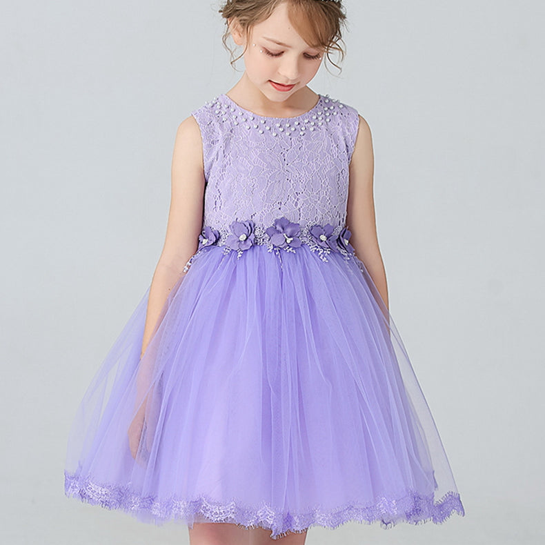 Pearl Wedding Dress Lace Bow Flower Girl Dress Princess Dress Birthday Costume Party Holiday