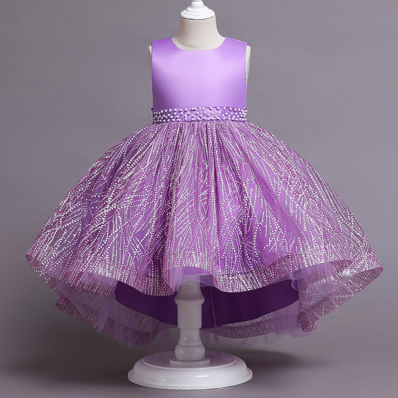Pearl Wedding Dress Bow Flower Girl Dress Sequins Princess Dress Birthday Costume Party Holiday