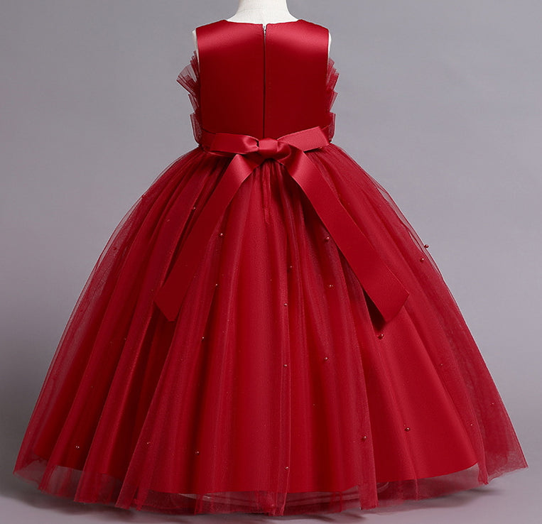 Wedding Dress Pearl Flower Girl Dress Bow Sequins Princess Dress Birthday Costume Party Holiday