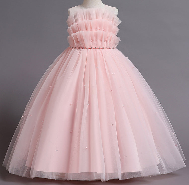 Wedding Dress Pearl Flower Girl Dress Bow Sequins Princess Dress Birthday Costume Party Holiday