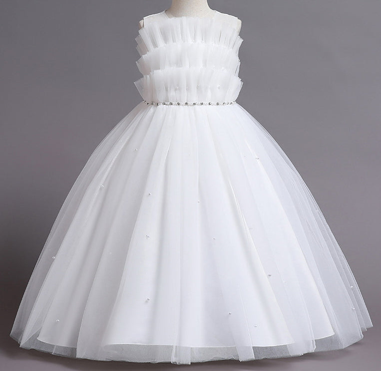 Wedding Dress Pearl Flower Girl Dress Bow Sequins Princess Dress Birthday Costume Party Holiday