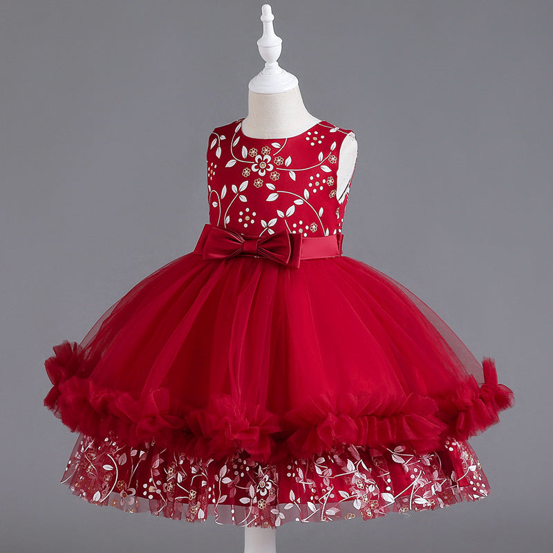 Wedding Dress Lace Bow Flower Girl Dress Sequins Princess Dress Birthday Costume Party Dress Holiday