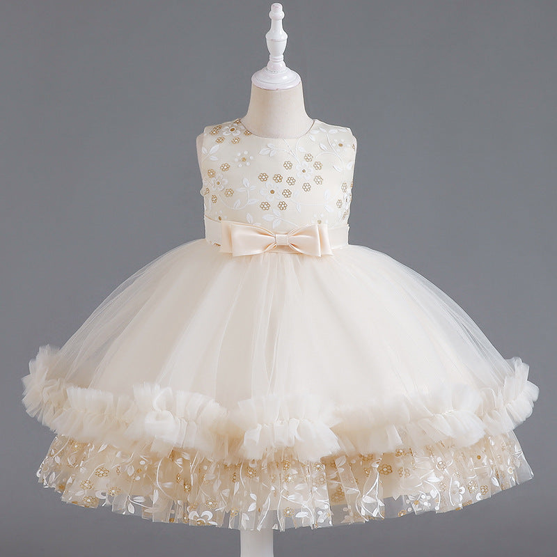 Wedding Dress Lace Bow Flower Girl Dress Sequins Princess Dress Birthday Costume Party Dress Holiday