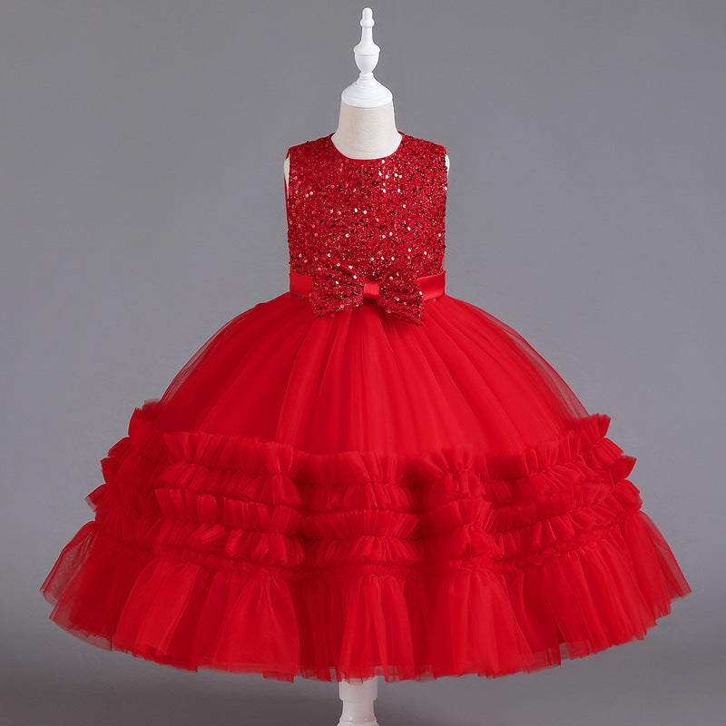 Sequin Wedding Dress Lace Bow Flower Girl Dress Sequins Princess Dress Birthday Costume Party Holiday