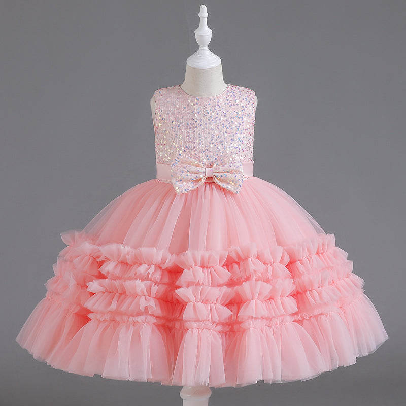 Sequin Wedding Dress Lace Bow Flower Girl Dress Sequins Princess Dress Birthday Costume Party Holiday