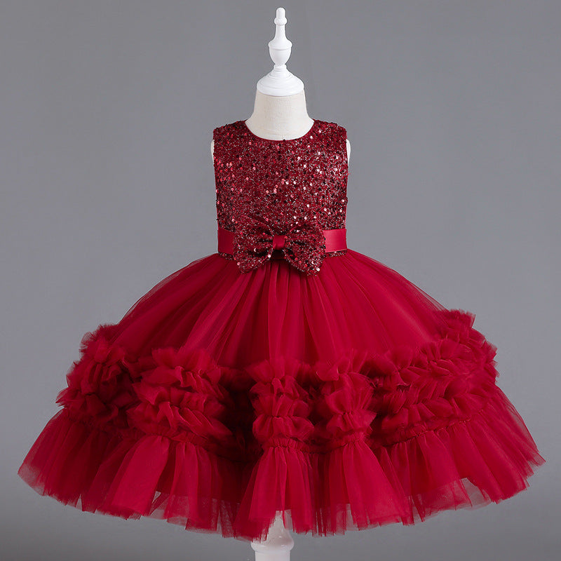 Sequin Wedding Dress Lace Bow Flower Girl Dress Sequins Princess Dress Birthday Costume Party Holiday