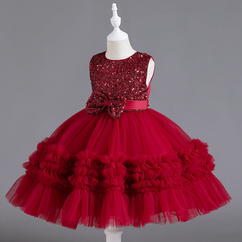 Sequin Wedding Dress Lace Bow Flower Girl Dress Sequins Princess Dress Birthday Costume Party Holiday