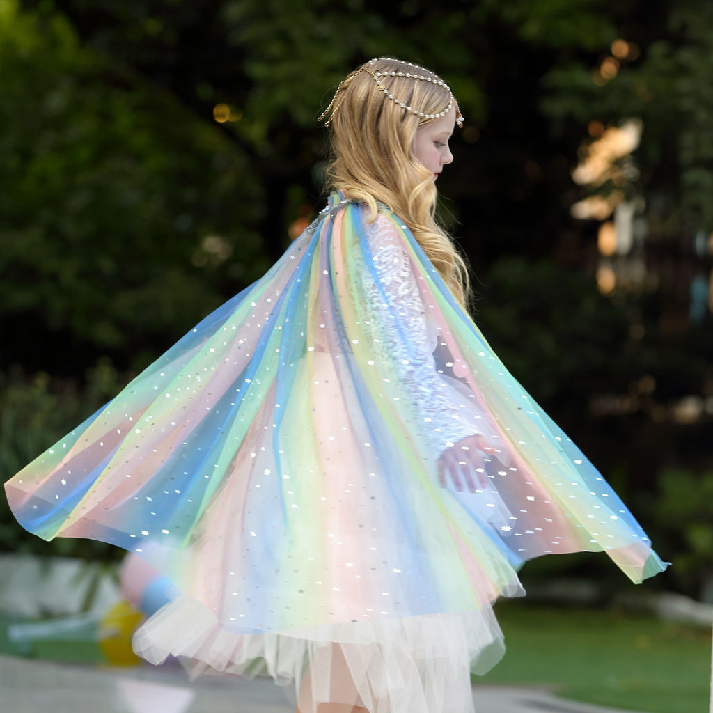 Princess Elsa Costume Rainbow Mesh Cape Cloak with Shiny Sequin Shawl Outerwear