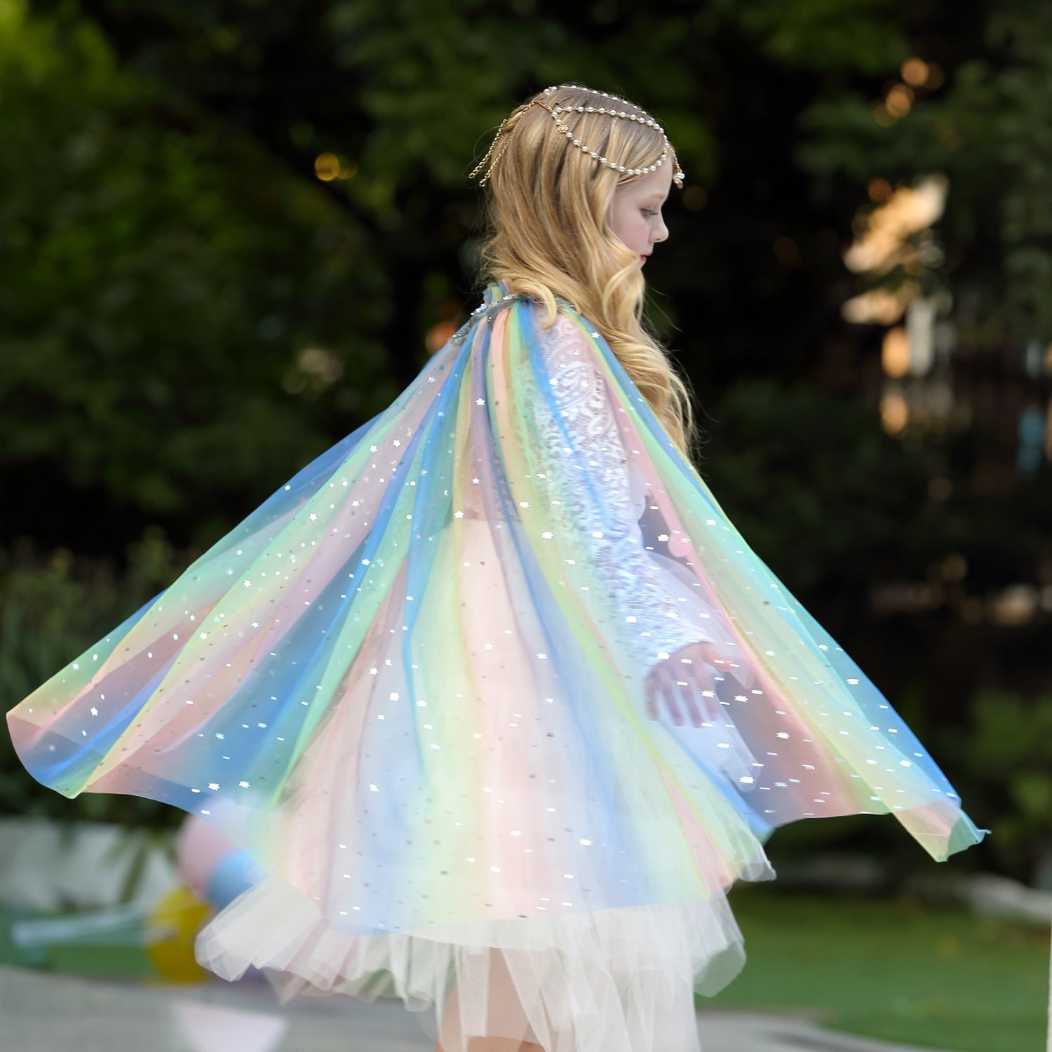 Princess Elsa Costume Rainbow Mesh Cape Cloak with Shiny Sequin Shawl Outerwear