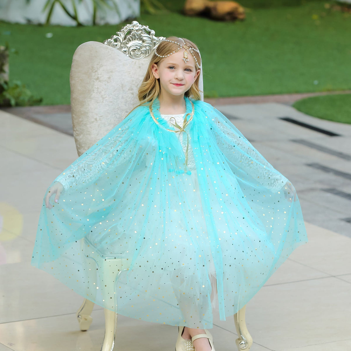 Princess Elsa Costume Rainbow Mesh Cape Cloak with Shiny Sequin Shawl Outerwear