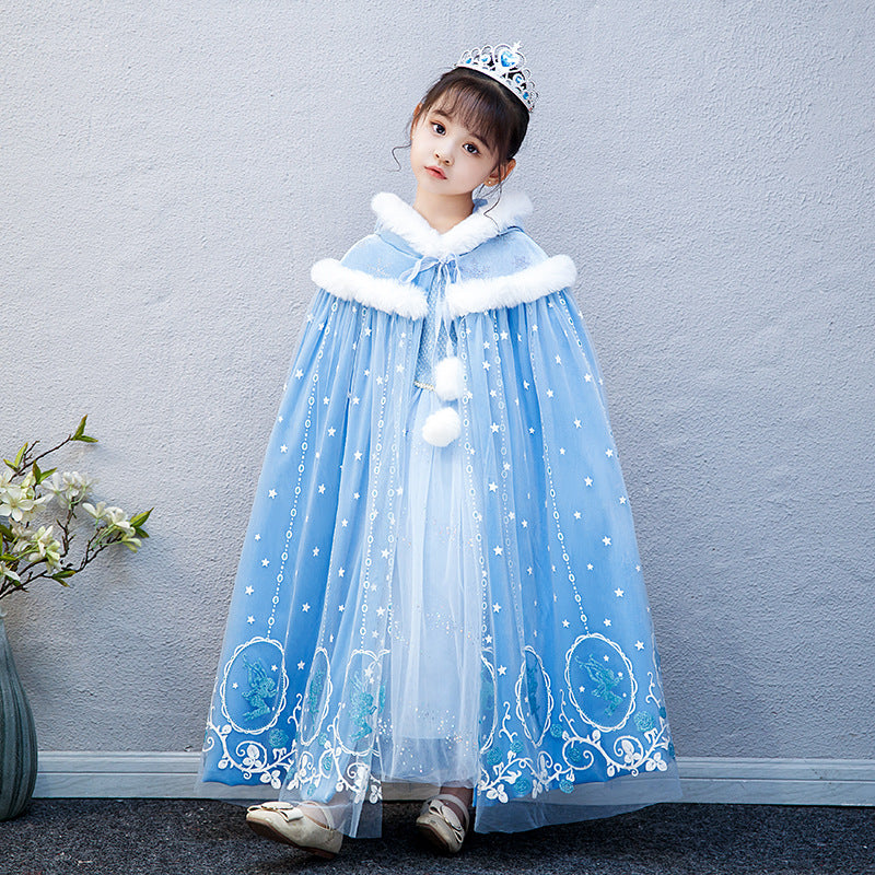 Frozen Fur Princess Hooded Cape Cloak Elsa costume for Girl Dress Up Cosplay