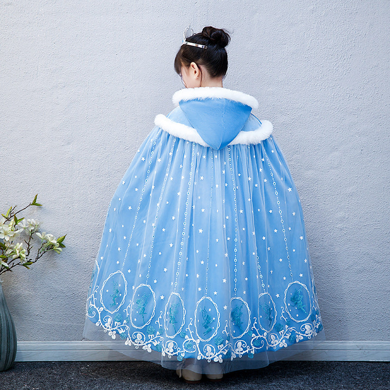 Frozen Fur Princess Hooded Cape Cloak Elsa costume for Girl Dress Up Cosplay