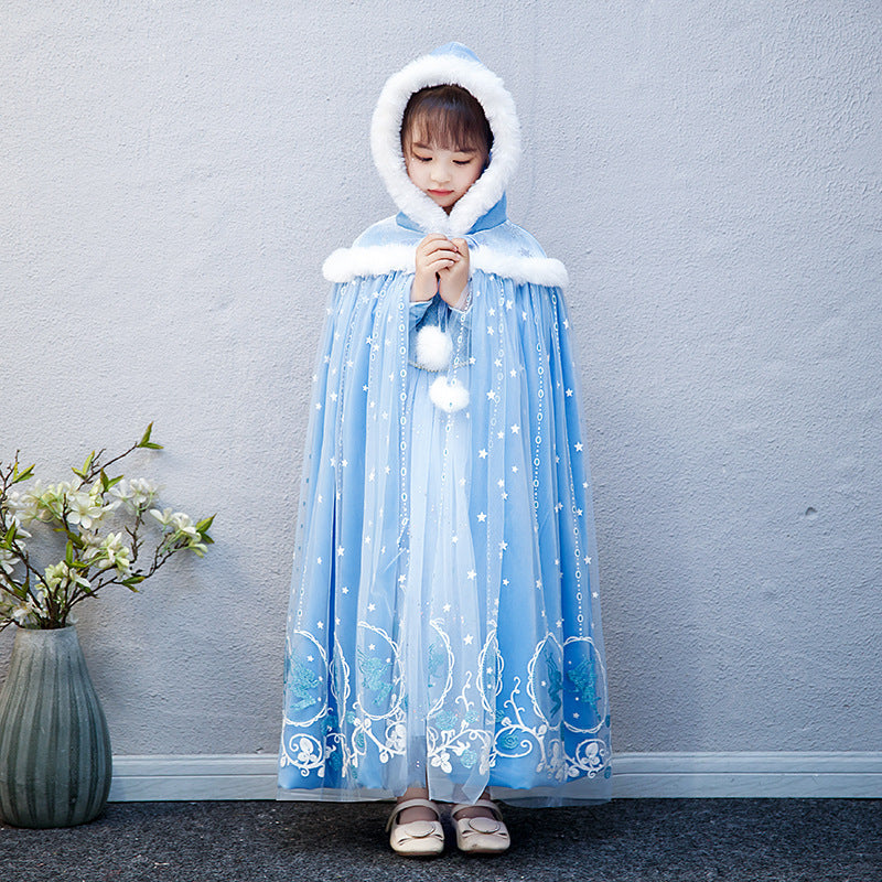 Frozen Fur Princess Hooded Cape Cloak Elsa costume for Girl Dress Up Cosplay