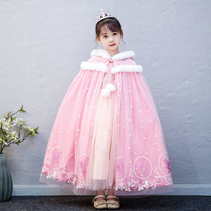 Frozen Fur Princess Hooded Cape Cloak Elsa costume for Girl Dress Up Cosplay
