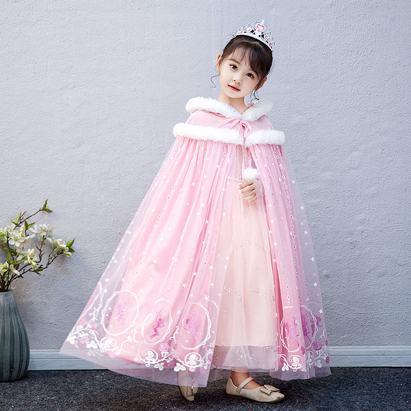 Frozen Fur Princess Hooded Cape Cloak Elsa costume for Girl Dress Up Cosplay