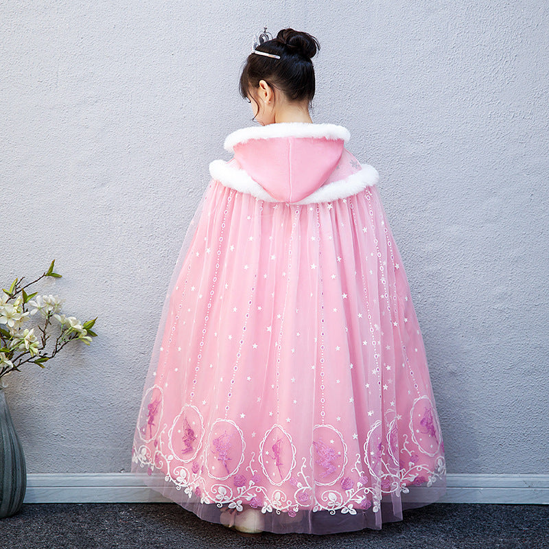 Frozen Fur Princess Hooded Cape Cloak Elsa costume for Girl Dress Up Cosplay