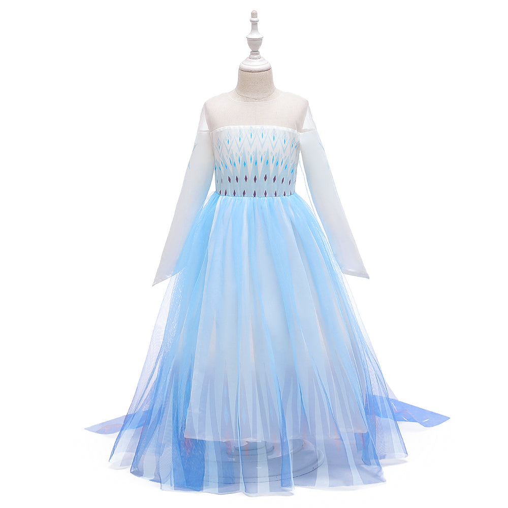 Frozen 2 Elsa Princess Long Sleeve Tulle Girl Costume Dresses with Cape