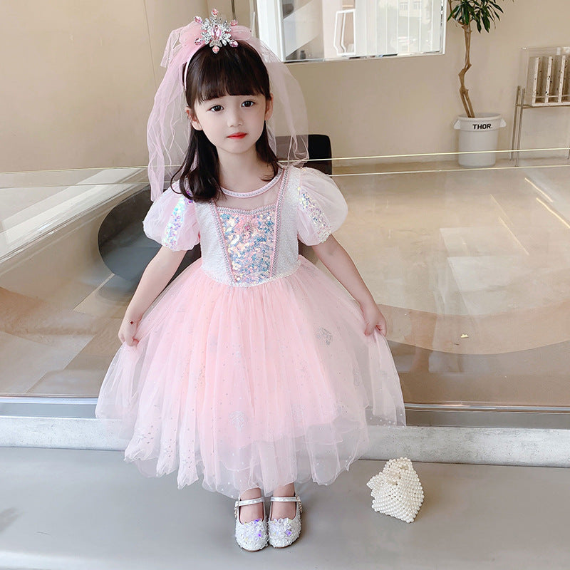 Frozen Princess Sequins Elsa Dress Costume With Cape For Girls Cosplay Party