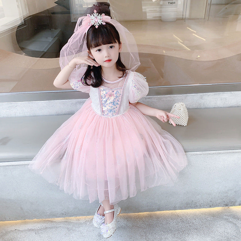 Frozen Princess Sequins Elsa Dress Costume With Cape For Girls Cosplay Party