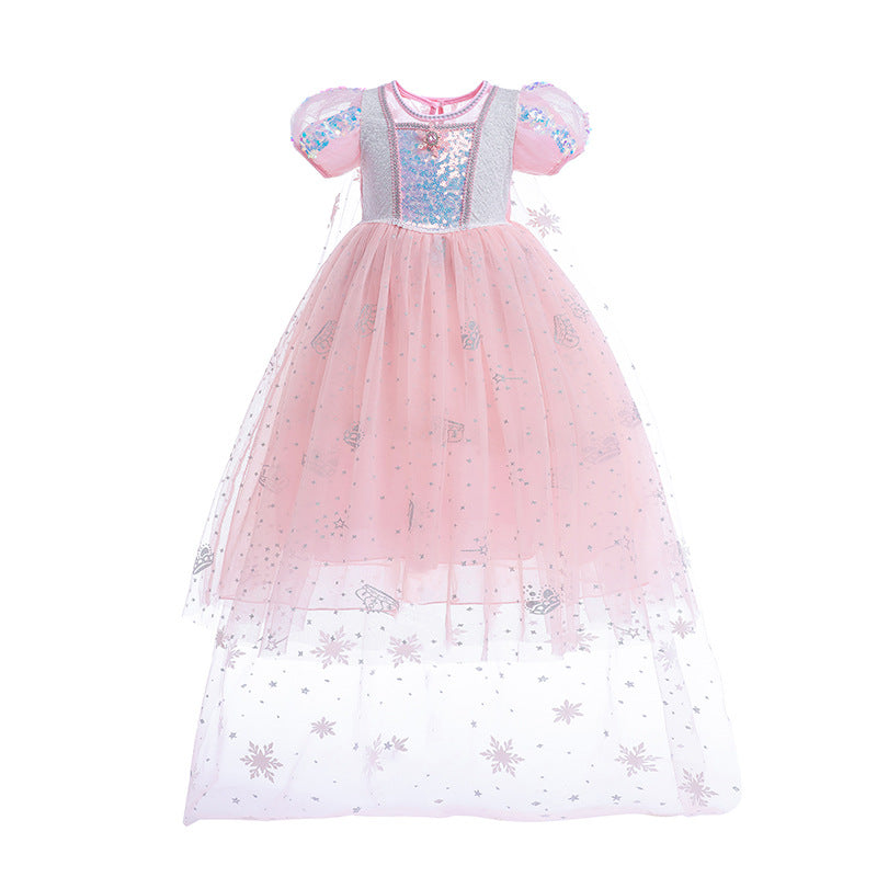 Frozen Princess Sequins Elsa Dress Costume With Cape For Girls Cosplay Party