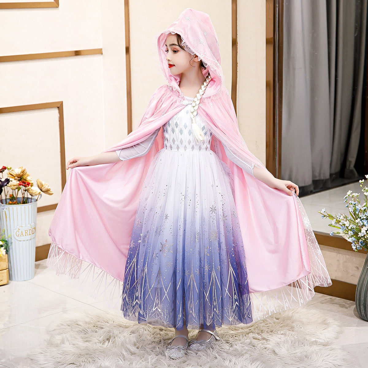 New Frozen Princess Hooded Cape Cloak Elsa costume for Girls