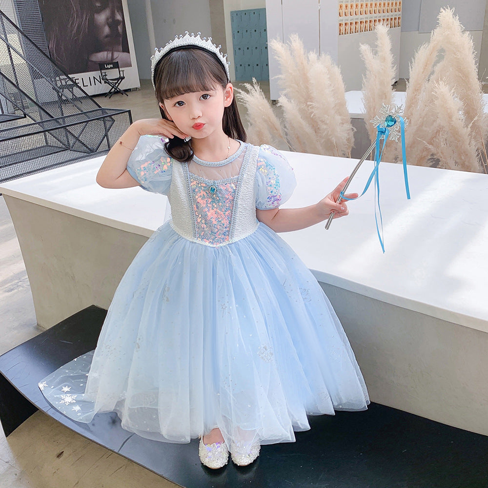 Frozen Princess Sequins Elsa Dress Costume With Cape For Girls Cosplay Party