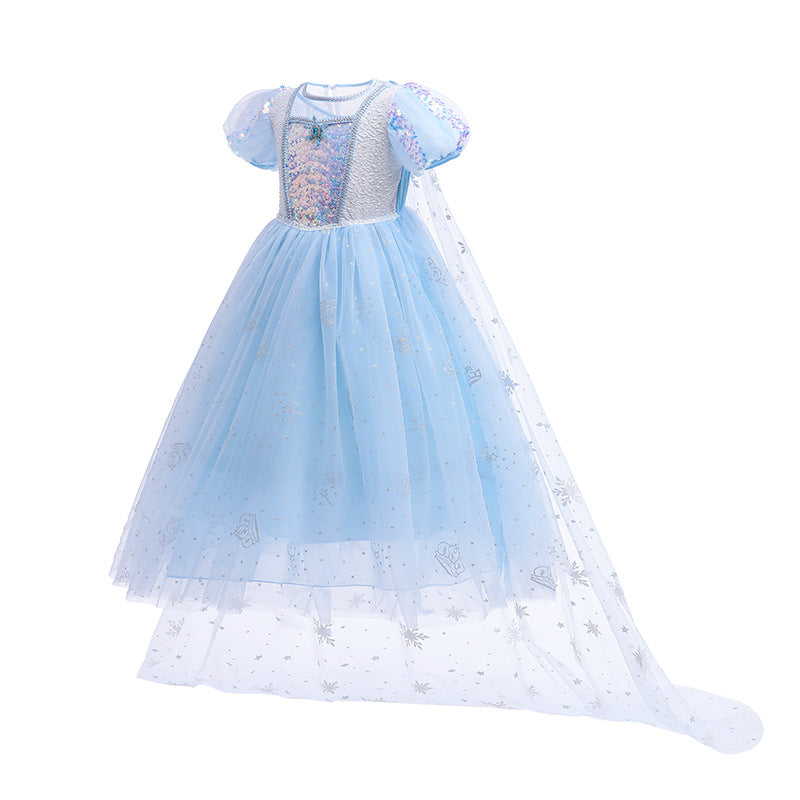 Frozen Princess Sequins Elsa Dress Costume With Cape For Girls Cosplay Party