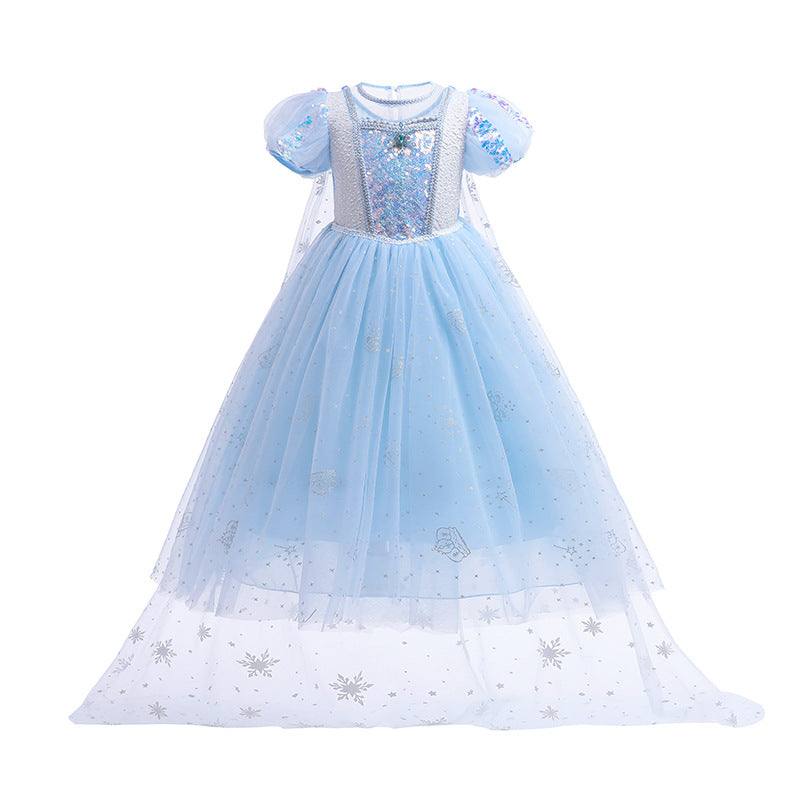Frozen Princess Sequins Elsa Dress Costume With Cape For Girls